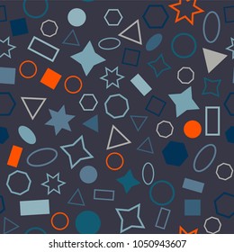 Abstract colored seamless background of circles, squares, triangles, stars and rectangles. Multicolored geometric elements are randomly scattered. Suitable for fabric, packaging, wallpaper. Vector.