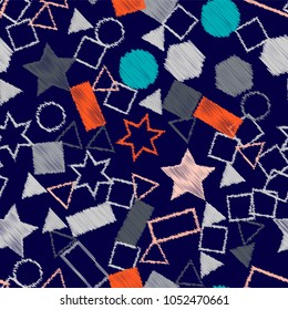 Abstract colored seamless background of circles, squares, stars and rectangles. Multicolored doodles in the form of geometric elements are randomly scattered. Suitable for fabric, packaging, wallpaper