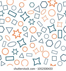 Abstract colored seamless background of circles, squares, triangles, stars and rectangles. Multicolored geometric elements are randomly scattered. Suitable for fabric, packaging, wallpaper. Vector.