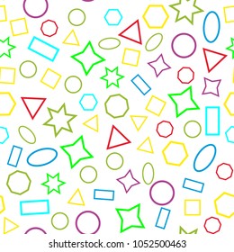 Abstract colored seamless background of circles, squares, triangles, stars and rectangles. Multicolored geometric elements are randomly scattered. Suitable for fabric, packaging, wallpaper. Vector.