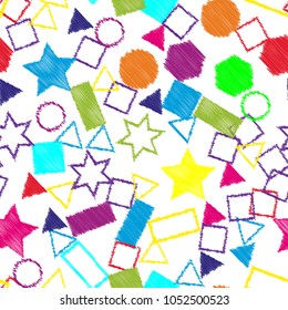 Abstract colored seamless background of circles, squares, stars and rectangles. Multicolored doodles in the form of geometric elements are randomly scattered. Suitable for fabric, packaging, wallpaper