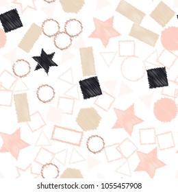 Abstract colored seamless background of circles, squares, stars and rectangles. Multicolored doodles in the form of geometric elements are randomly scattered. Suitable for fabric, packaging, wallpaper