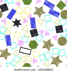 Abstract colored seamless background of circles, squares, stars and rectangles. Multicolored doodles in the form of geometric elements are randomly scattered. Suitable for fabric, packaging, wallpaper
