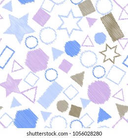 Abstract colored seamless background of circles, squares, stars and rectangles. Multicolored doodles in the form of geometric elements are randomly scattered. Suitable for fabric, packaging, wallpaper
