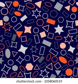 Abstract colored seamless background of circles, squares, triangles, stars and rectangles. Multicolored geometric elements are randomly scattered. Suitable for fabric, packaging, wallpaper. Vector.