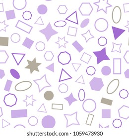 Abstract colored seamless background of circles, squares, triangles, stars and rectangles. Multicolored geometric elements are randomly scattered. Suitable for fabric, packaging, wallpaper. Vector.