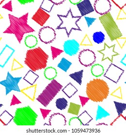 Abstract colored seamless background of circles, squares, stars and rectangles. Multicolored doodles in the form of geometric elements are randomly scattered. Suitable for fabric, packaging, wallpaper