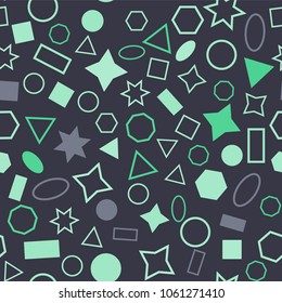 Abstract colored seamless background of circles, squares, triangles, stars and rectangles. Multicolored geometric elements are randomly scattered. Suitable for fabric, packaging, wallpaper. Vector.