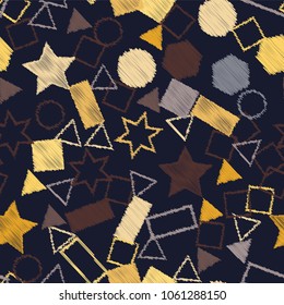 Abstract colored seamless background of circles, squares, stars and rectangles. Multicolored doodles in the form of geometric elements are randomly scattered. Suitable for fabric, packaging, wallpaper