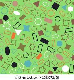 Abstract colored seamless background of circles, squares, triangles, stars and rectangles. Multicolored geometric elements are randomly scattered. Suitable for fabric, packaging, wallpaper. Vector.