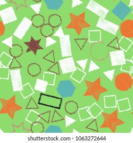 Abstract colored seamless background of circles, squares, stars and rectangles. Multicolored doodles in the form of geometric elements are randomly scattered. Suitable for fabric, packaging, wallpaper
