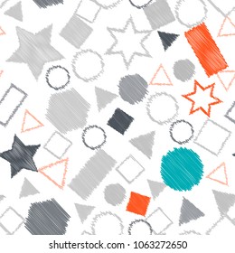 Abstract colored seamless background of circles, squares, stars and rectangles. Multicolored doodles in the form of geometric elements are randomly scattered. Suitable for fabric, packaging, wallpaper