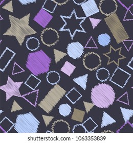 Abstract colored seamless background of circles, squares, stars and rectangles. Multicolored doodles in the form of geometric elements are randomly scattered. Suitable for fabric, packaging, wallpaper