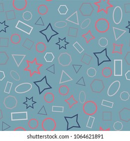 Abstract colored seamless background of circles, squares, triangles, stars and rectangles. Multicolored geometric elements are randomly scattered. Suitable for fabric, packaging, wallpaper. Vector.