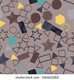 Abstract colored seamless background of circles, squares, stars and rectangles. Multicolored doodles in the form of geometric elements are randomly scattered. Suitable for fabric, packaging, wallpaper