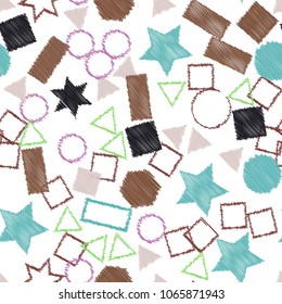 Abstract colored seamless background of circles, squares, stars and rectangles. Multicolored doodles in the form of geometric elements are randomly scattered. Suitable for fabric, packaging, wallpaper