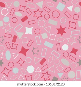 Abstract colored seamless background of circles, squares, triangles, stars and rectangles. Multicolored geometric elements are randomly scattered. Suitable for fabric, packaging, wallpaper. Vector.