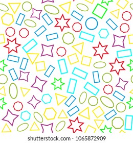 Abstract colored seamless background of circles, squares, triangles, stars and rectangles. Multicolored geometric elements are randomly scattered. Suitable for fabric, packaging, wallpaper. Vector.