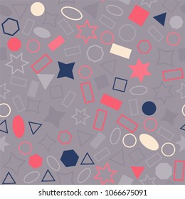 Abstract colored seamless background of circles, squares, triangles, stars and rectangles. Multicolored geometric elements are randomly scattered. Suitable for fabric, packaging, wallpaper. Vector.