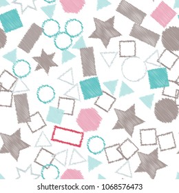 Abstract colored seamless background of circles, squares, stars and rectangles. Multicolored doodles in the form of geometric elements are randomly scattered. Suitable for fabric, packaging, wallpaper