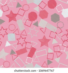 Abstract colored seamless background of circles, squares, stars and rectangles. Multicolored doodles in the form of geometric elements are randomly scattered. Suitable for fabric, packaging, wallpaper