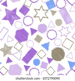 Abstract colored seamless background of circles, squares, stars and rectangles. Multicolored doodles in the form of geometric elements are randomly scattered. Suitable for fabric, packaging, wallpaper