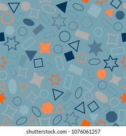 Abstract colored seamless background of circles, squares, triangles, stars and rectangles. Multicolored geometric elements are randomly scattered. Suitable for fabric, packaging, wallpaper. Vector.