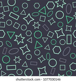 Abstract colored seamless background of circles, squares, triangles, stars and rectangles. Multicolored geometric elements are randomly scattered. Suitable for fabric, packaging, wallpaper. Vector.