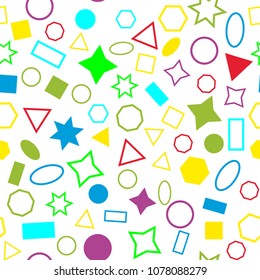 Abstract colored seamless background of circles, squares, triangles, stars and rectangles. Multicolored geometric elements are randomly scattered. Suitable for fabric, packaging, wallpaper. Vector.