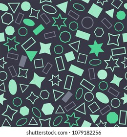 Abstract colored seamless background of circles, squares, triangles, stars and rectangles. Multicolored geometric elements are randomly scattered. Suitable for fabric, packaging, wallpaper. Vector.