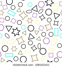 Abstract colored seamless background of circles, squares, triangles, stars and rectangles. Multicolored geometric elements are randomly scattered. Suitable for fabric, packaging, wallpaper. Vector.