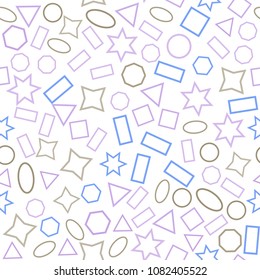 Abstract colored seamless background of circles, squares, triangles, stars and rectangles. Multicolored geometric elements are randomly scattered. Suitable for fabric, packaging, wallpaper. Vector.