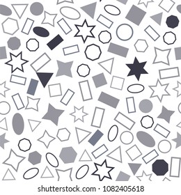 Abstract colored seamless background of circles, squares, triangles, stars and rectangles. Multicolored geometric elements are randomly scattered. Suitable for fabric, packaging, wallpaper. Vector.