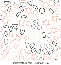 Abstract colored seamless background of circles, squares, triangles, stars and rectangles. Multicolored geometric elements are randomly scattered. Suitable for fabric, packaging, wallpaper. Vector.