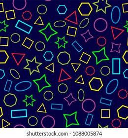 Abstract colored seamless background of circles, squares, triangles, stars and rectangles. Multicolored geometric elements are randomly scattered. Suitable for fabric, packaging, wallpaper. Vector.
