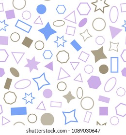 Abstract colored seamless background of circles, squares, triangles, stars and rectangles. Multicolored geometric elements are randomly scattered. Suitable for fabric, packaging, wallpaper. Vector.