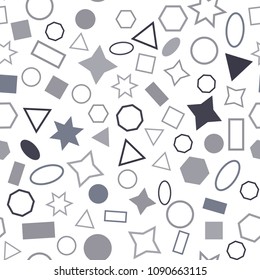 Abstract colored seamless background of circles, squares, triangles, stars and rectangles. Multicolored geometric elements are randomly scattered. Suitable for fabric, packaging, wallpaper. Vector.