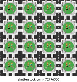 Abstract colored seamless pattern with traffic lights, roads and childs - vector illustration. You can use it to fill your own background.
