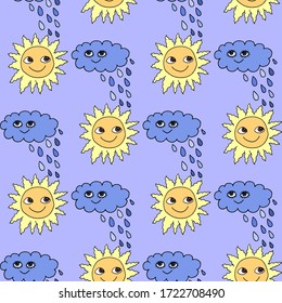 abstract colored seamless vector pattern fabric print with sun and clouds