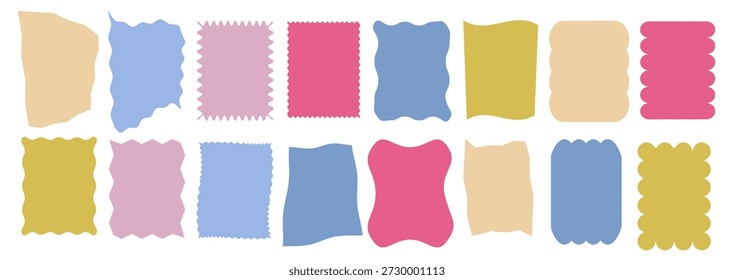 Abstractas pegatinas de forma de color. Retro zig zag marcos de forma ondulada. Marcos de fotos abstractos rectangulares corrugados de Vector, cuadros de texto. Sellos geométricos para niños con borde de vieira. Conjunto de Formas dentadas planas

