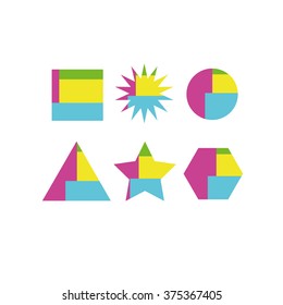 abstract colored shapes: Squares, triangles, circles, polygons, rectangles