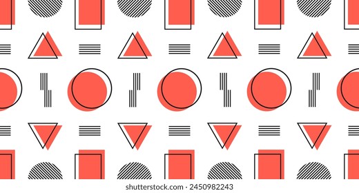 Abstract colored shapes triangle, circle, square, lines in Memphis style seamless pattern. Texture for print