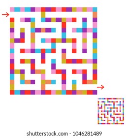 Abstract colored square maze. An interesting game for children and teenagers. Simple flat vector illustration isolated on white background. With the answer.