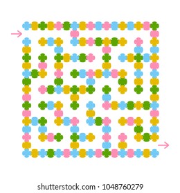 Abstract colored square maze. An interesting game for children and teenagers. A simple flat vector illustration isolated on a white background. With the answer.