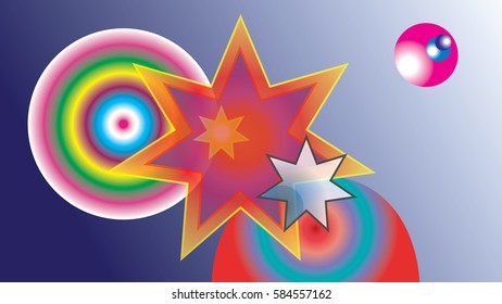 Abstract colored stars and colorful balloons on gradient background.