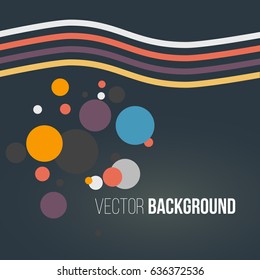 Abstract colored striped waves and circles on the dark background. Vector illustration