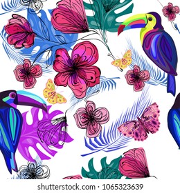 Abstract colored toucans, pink flower sketches, tropical leaves on white background, summer vector seamless pattern, design for textile texture