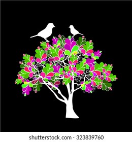 Abstract colored tree with birds. Vector