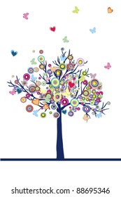 Abstract colored tree with hearts, circles and butterflies