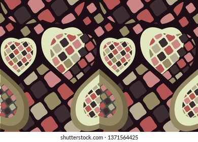 Abstract colored vector seamless pattern of leaves in the shape of hearts. Burgundy, green, beige mosaic on a chocolate background. For holiday, cafe or clothes and fabrics.